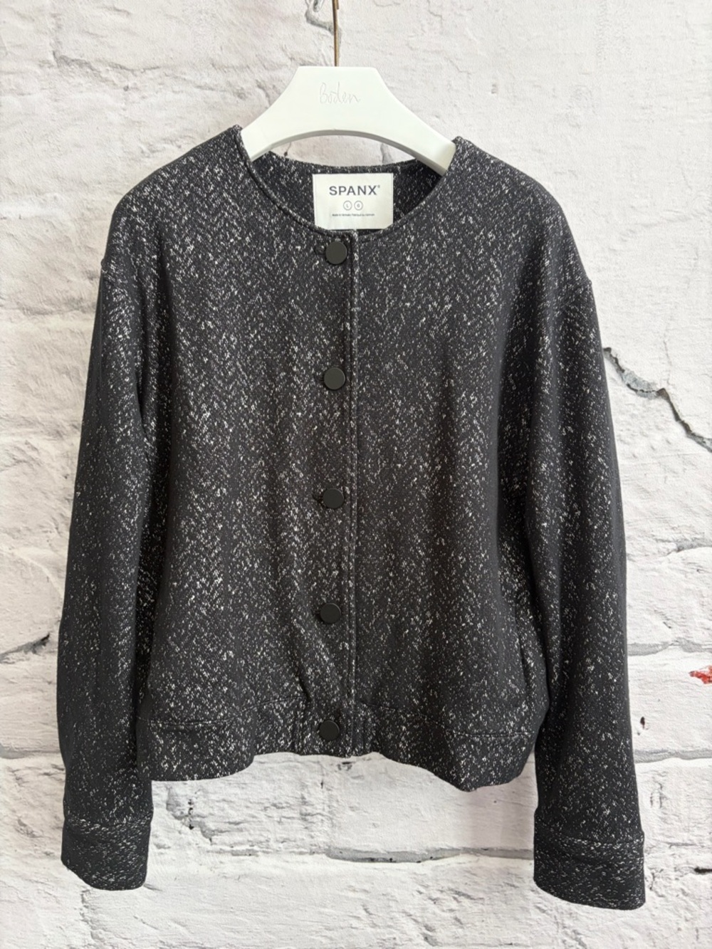 SPANX Herringbone Ponte Knit Bomber Jacket Black White Soft Business Casual - Picture 6 of 10
